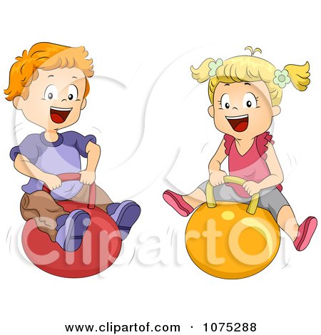 Clipart Happy School Kids Playing On Bouncy Balls - Royalty Free Vector Illustration by BNP Design Studio