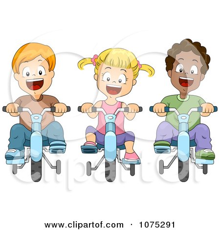 Clipart Happy Kids Riding Bikes With Training Wheels - Royalty Free Vector Illustration by BNP Design Studio