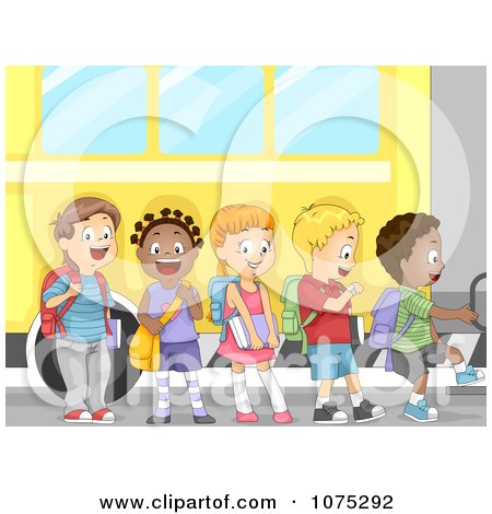 Clipart Cute Diverse School Children Boarding A Bus - Royalty Free Vector Illustration by BNP Design Studio