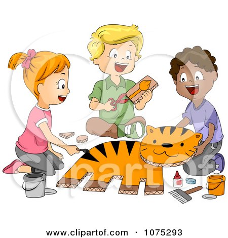 Clipart Cute Diverse School Children Making A Tiger In Art Class - Royalty Free Vector Illustration by BNP Design Studio