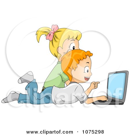 Clipart Two Children Searching The Internet On A Laptop Computer - Royalty Free Vector Illustration by BNP Design Studio