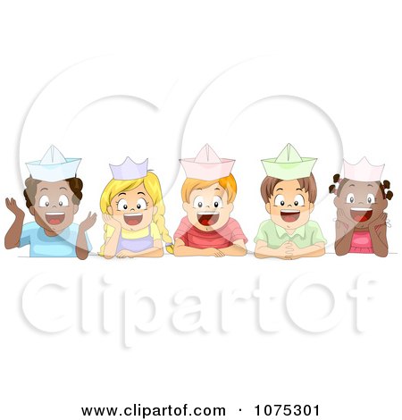 Clipart Cute Diverse School Children Wearing Paper Hats - Royalty Free Vector Illustration by BNP Design Studio