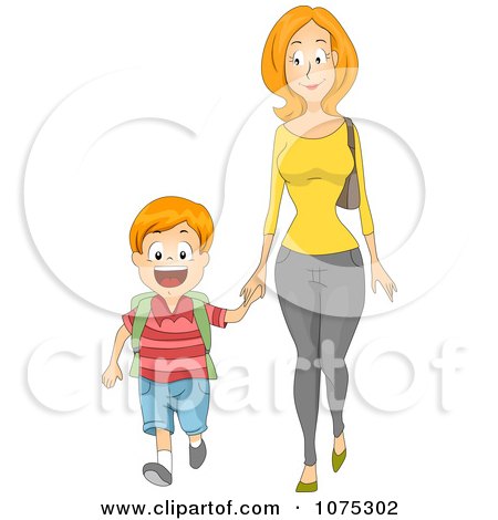 Clipart Caring Mother Holding Hands And Walking Her Son To School - Royalty Free Vector Illustration by BNP Design Studio
