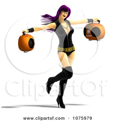 Clipart 3d Purple Haired Rocker Chick Woman Holding Two Radios And Dancing - Royalty Free CGI Illustration by Ralf61
