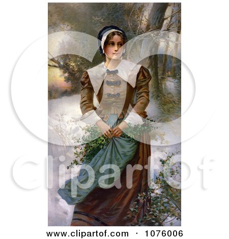 Pretty Puritan Woman Holding Holly in Her Apron While Standing in the Snow - Royalty Free Historical Clip Art  by JVPD