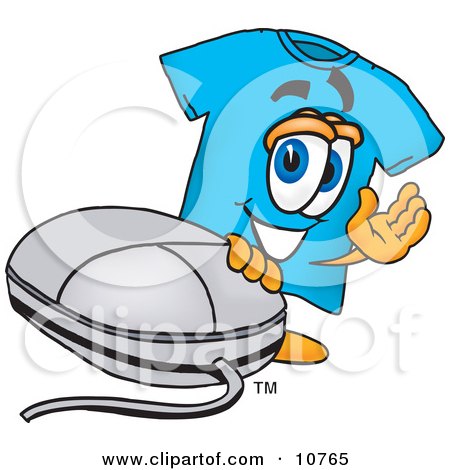 Clipart Picture of a Blue Short Sleeved T-Shirt Mascot Cartoon Character With a Computer Mouse by Mascot Junction