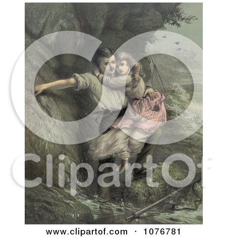Man Rescuing a Girl, Possibly His Daugher, From a Shipwreck in a Stormy Sea, c 1878 - Royalty Free Historical Clip Art  by JVPD