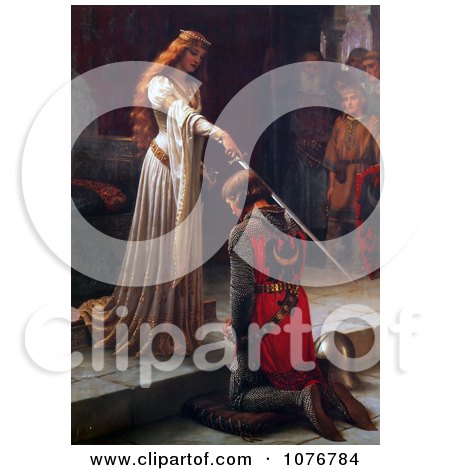 Long Haired Maiden Holding a Sword Over a Man During a Knighting Ceremony, The Accolade by Edmund Blair Leighton - Royalty Free Historical Clip Art  by JVPD