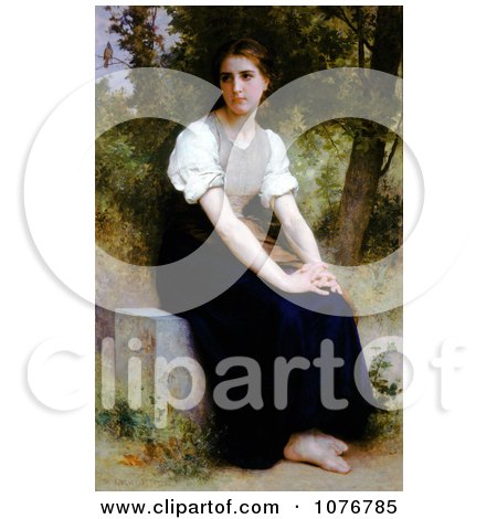 Young Woman Sitting on a Stone Slab, The Song of the Nightingale by William-Adolphe Bouguereau - Royalty Free Historical Clip Art  by JVPD