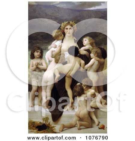 Woman Surrounded by Many Nude Children, The Motherland by William-Adolphe Bouguereau - Royalty Free Historical Clip Art  by JVPD