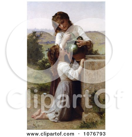 Girl Helping Her Sister Drink Water From a Jar, At the Fountain, by William-Adolphe Bouguereau - Royalty Free Historical Clip Art  by JVPD