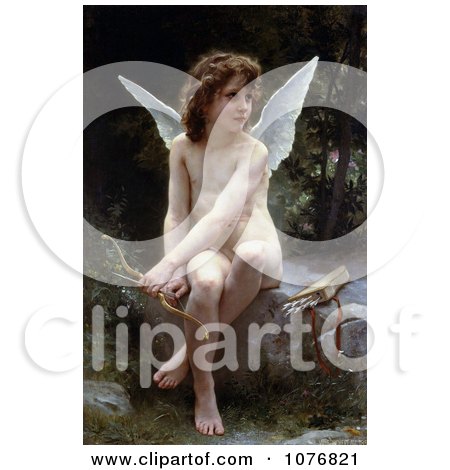 Cupid Seated With Bow and Arrows, Love on the Look Out, by William-Adolphe Bouguereau - Royalty Free Historical Clip Art  by JVPD