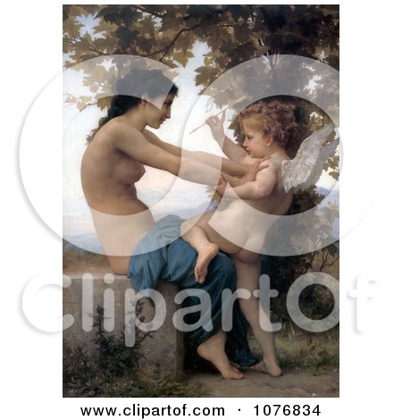 Cupid With an Arrow, Being Fought Off by a Young Nude Woman by William-Adolphe Bouguereau - Royalty Free Historical Clip Art  by JVPD