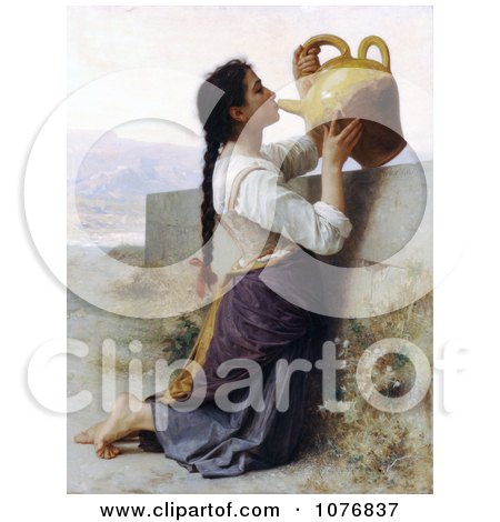 Woman Kneeling by a Wall, Drinking Water From a Jar, by William-Adolphe Bouguereau - Royalty Free Historical Clip Art  by JVPD