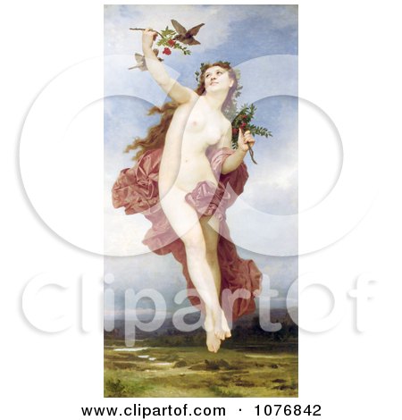 Nude Woman Holding Branches With Berries, Feeding Birds, Day by William-Adolphe Bouguereau - Royalty Free Historical Clip Art  by JVPD