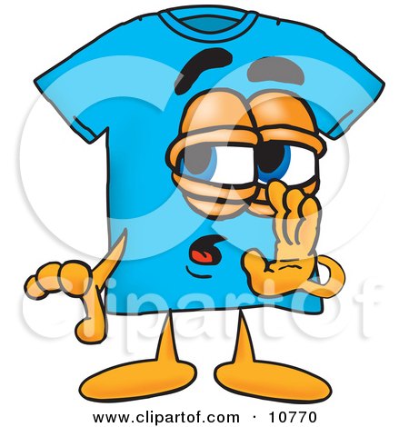 Clipart Picture of a Blue Short Sleeved T-Shirt Mascot Cartoon Character Whispering and Gossiping by Mascot Junction