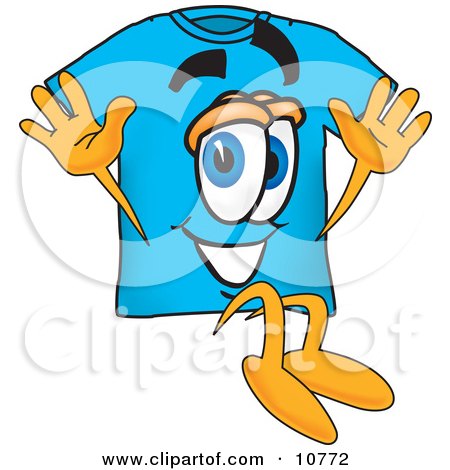 Clipart Picture of a Blue Short Sleeved T-Shirt Mascot Cartoon Character Jumping by Mascot Junction