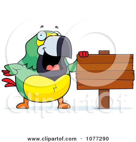 Clipart Parrot Standing By A Blank Wooden Sign Post - Royalty Free Vector Illustration by Cory Thoman