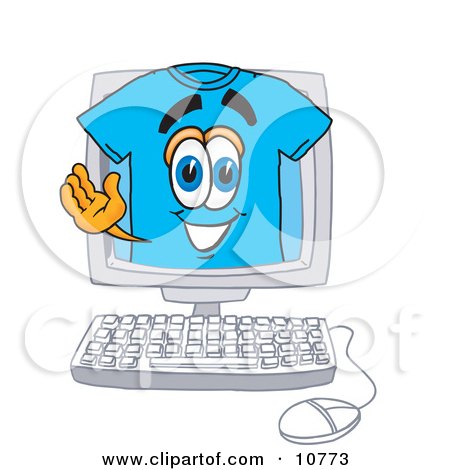 Clipart Picture of a Blue Short Sleeved T-Shirt Mascot Cartoon Character Waving From Inside a Computer Screen by Mascot Junction