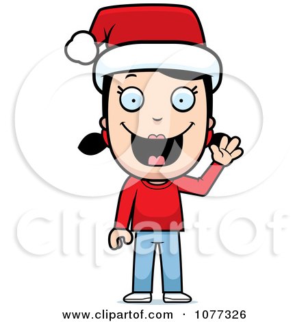 Clipart Christmas Girl Waving And Wearing A Santa Hat - Royalty Free Vector Illustration by Cory Thoman