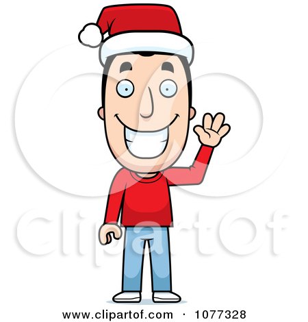 Clipart Happy Christmas Man Waving And Wearing A Santa Hat - Royalty Free Vector Illustration by Cory Thoman