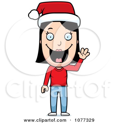Clipart Happy Christmas Woman Waving And Wearing A Santa Hat - Royalty Free Vector Illustration by Cory Thoman
