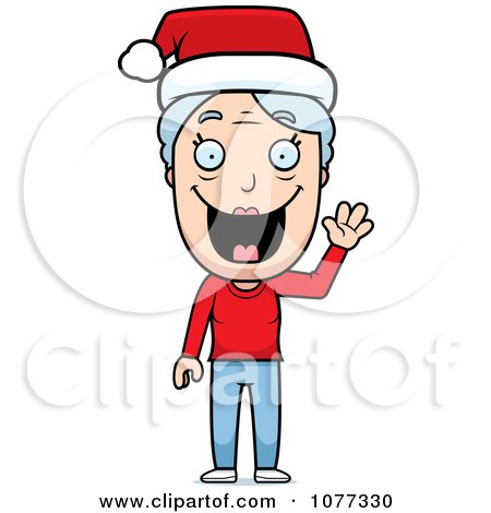 Clipart Happy Christmas Granny Waving And Wearing A Santa Hat - Royalty Free Vector Illustration by Cory Thoman