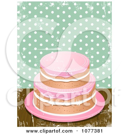 Clipart 3d Cake With Pink Icing Against Grungy Green And White Polka Dots - Royalty Free Vector Illustration by elaineitalia