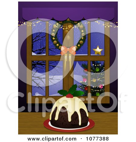 Clipart 3d Christmas Pudding By A Window And Decorated Tree - Royalty Free Vector Illustration by elaineitalia
