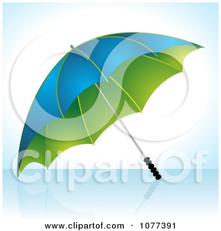 Clipart 3d Blue And Green Umbrella On A Reflective Surface - Royalty Free Vector Illustration by elaineitalia