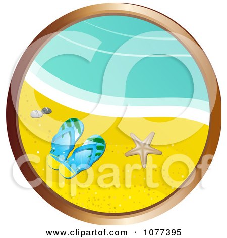 Clipart Gold Circular Frame With Sandals On A Beach - Royalty Free Vector Illustration by elaineitalia