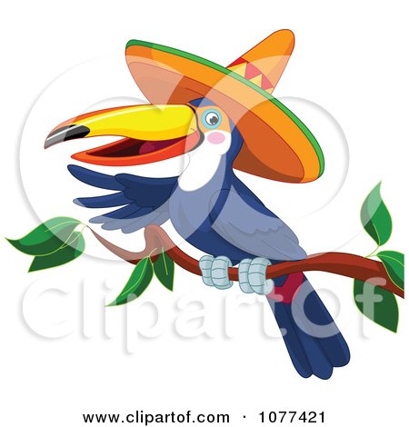 Clipart Toucan Wearing A Sombrero And Pointing On A Branch - Royalty Free Vector Illustration by Pushkin
