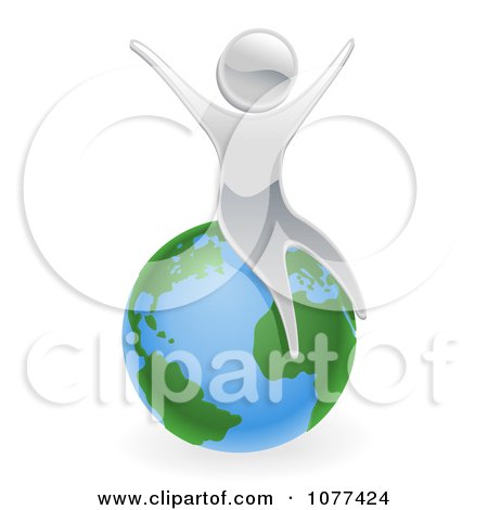 Clipart 3d Silver Person Celebrating On Top Of The World - Royalty Free Vector Illustration by AtStockIllustration