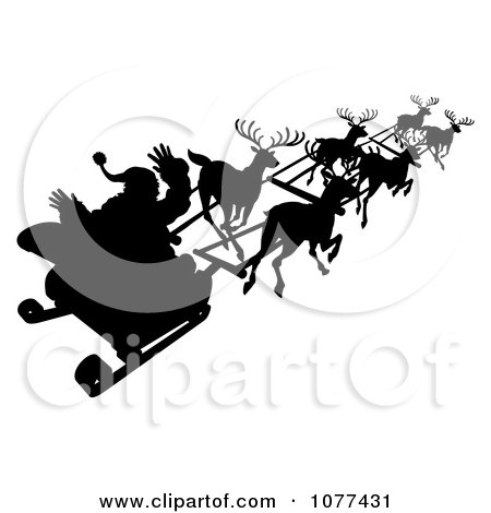 Clipart Silhouette Of Santa Waving And Flying Past In His Reindeer Sleigh - Royalty Free Vector Illustration by AtStockIllustration