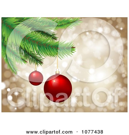 Clipart 3d Red Ornaments Hanging From A Christmas Tree Over Gold Sparkles - Royalty Free Vector Illustration by KJ Pargeter