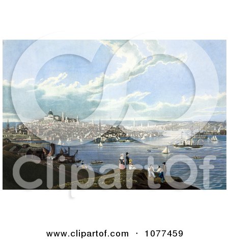 Painting Of People With A View Of Boston And The Harbor At Dorchester Heights - Royalty Free Historical Clip Art  by JVPD