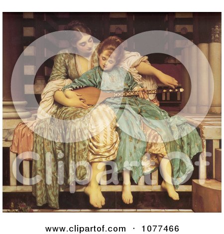 Painting of a Woman Teaching a Girl How to Play an Instrument, Music Lesson by Frederic Lord Leighton - Royalty Free Historical Clip Art by JVPD