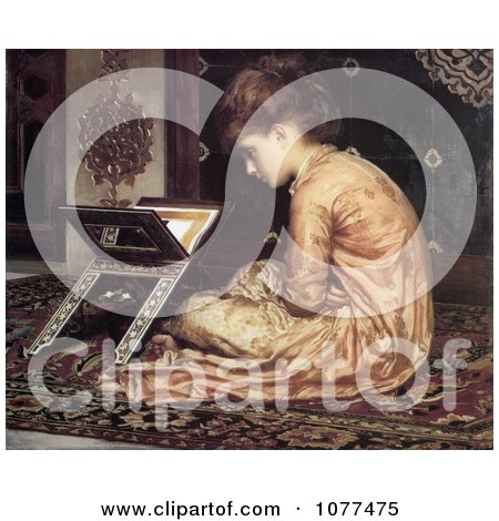 Painting of a Girl Sitting on a Carpet, Reading a Book at a Reading Desk by Frederic Lord Leighton - Royalty Free Historical Clip Art by JVPD
