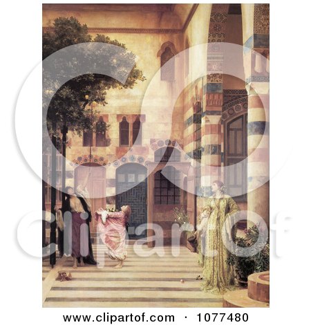 Painting of a Women and Girl Trying to Catch Apples From an Apple Tree in a Courtyard, Damascus: Jew’s Quarter by Frederic Lord Leighton - Royalty Free Historical Clip Art by JVPD