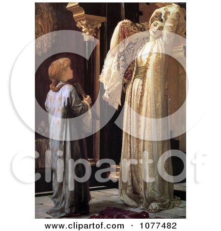 Painting of a Girl Holding a Mirror For a Beautiful Woman, Light of the Harem by Frederic Lord Leighton - Royalty Free Historical Clip Art by JVPD