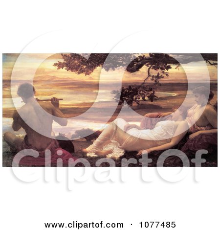 Painting of Women Watching a Man Playing a Flute, Idyll by Frederic Lord Leighton - Royalty Free Historical Clip Art by JVPD