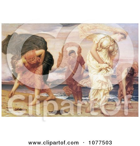 Painting of Greek Girls Picking up Pebbles by the Sea by Frederic Lord Leighton - Royalty Free Historical Clip Art by JVPD