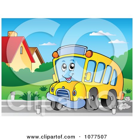Clipart Cheerful School Bus Character On A Road - Royalty Free Vector Illustration by visekart