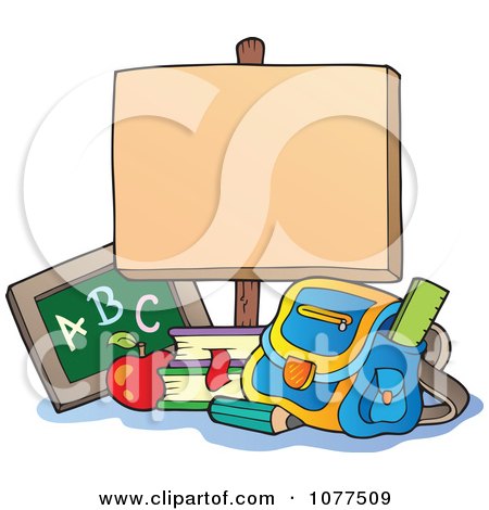 Clipart School Items Below A Blank Sign - Royalty Free Vector Illustration by visekart