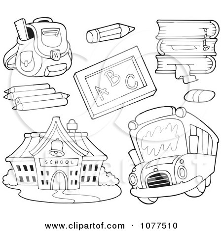 Clipart Outlined School Items A Bus And Building 1 - Royalty Free Vector Illustration by visekart