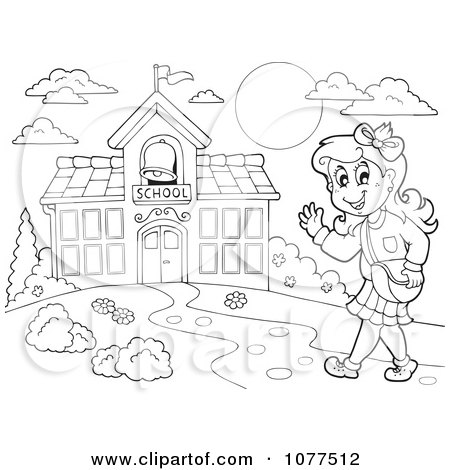 Clipart Outlined Happy Female Student Walking To School - Royalty Free Vector Illustration by visekart