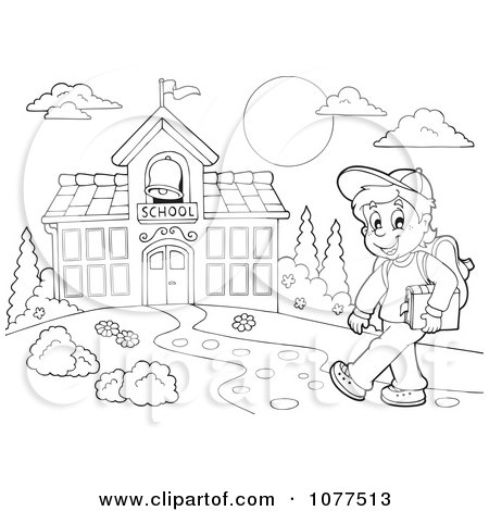 Clipart Outlined Happy School Boy Walking On A Path To A Building - Royalty Free Vector Illustration by visekart