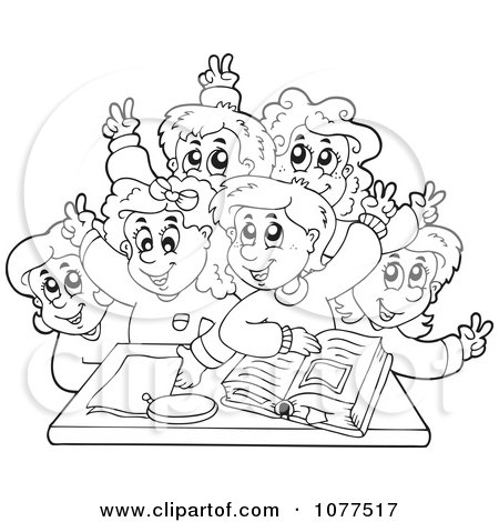 Clipart Outlined School Children Raising Their Hands - Royalty Free Vector Illustration by visekart