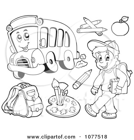 Clipart Outlined School Boy And Items - Royalty Free Vector Illustration by visekart