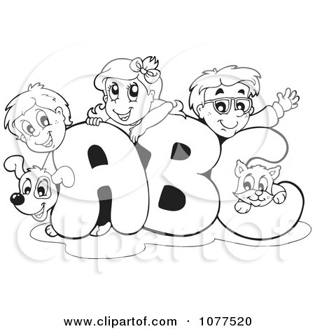 Clipart Outlined Dog Cat And School Children On ABC - Royalty Free Vector Illustration by visekart